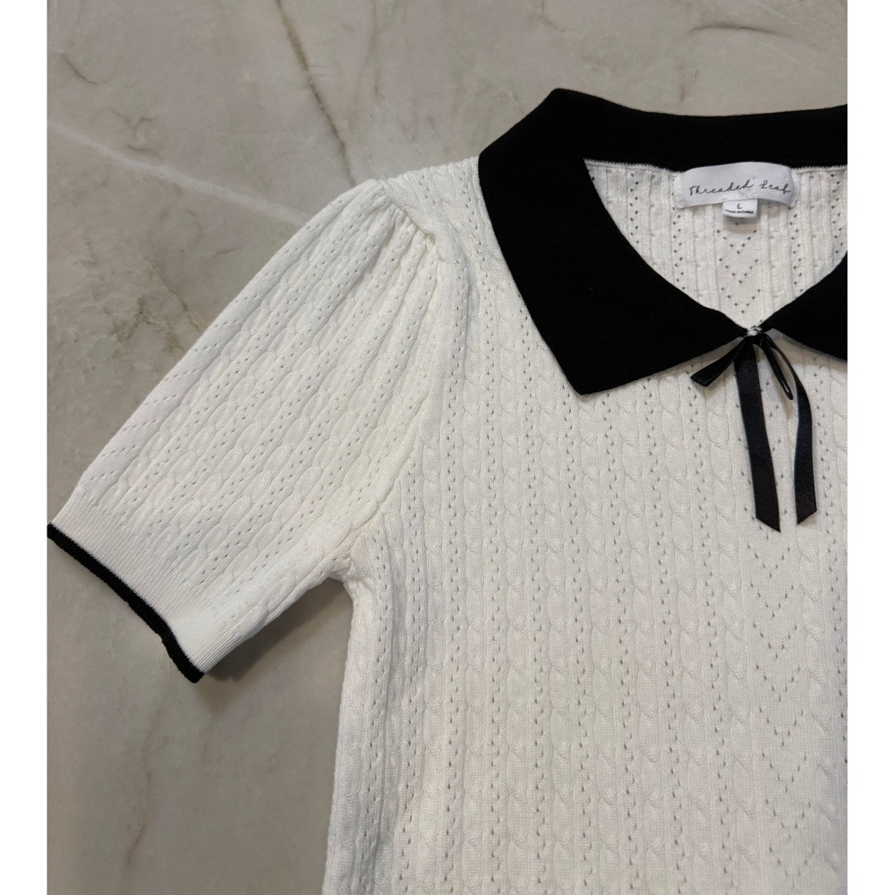 Pointelle White Cable Knit Puff Sleeve Sweater Black Collar Bow Sz Small Sm 170 - Picture 2 of 10